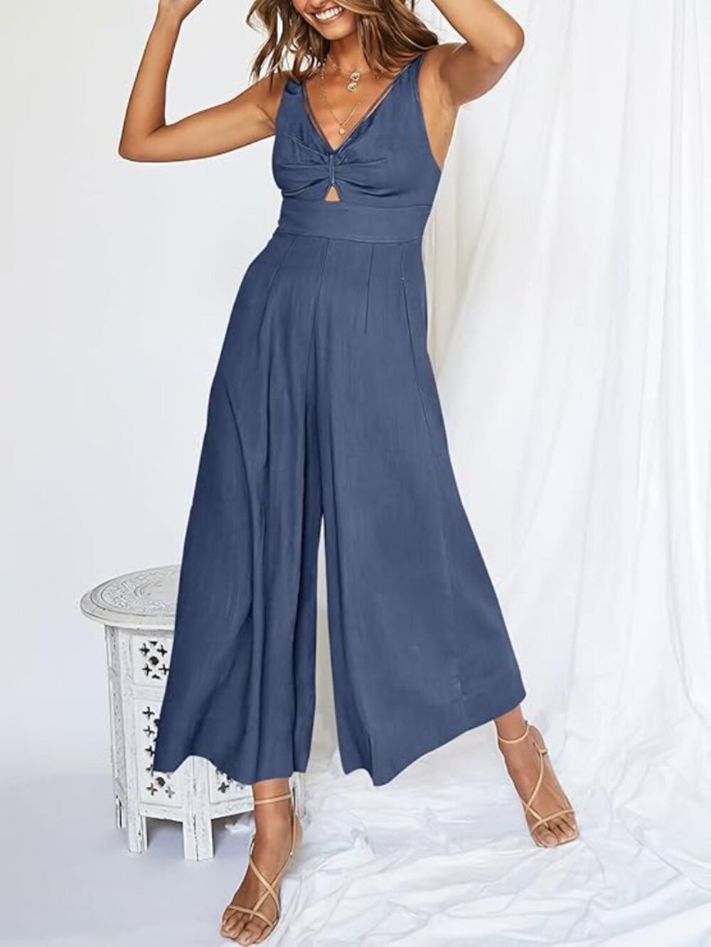 Anrabess Women's Jumpsuit L Charcoal Gray Wide Leg Smocked Bodice O-Ring Straps